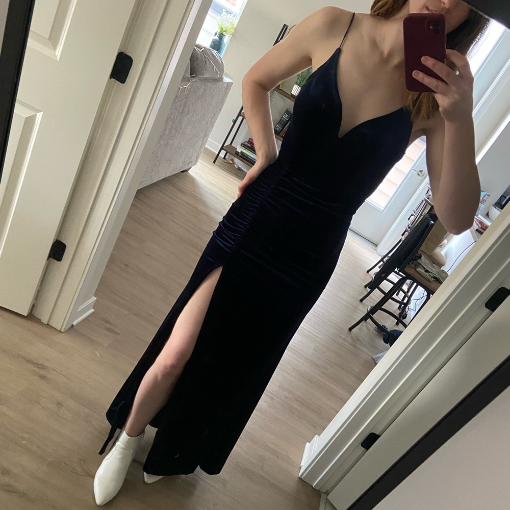 Navy blue velvet formal gown